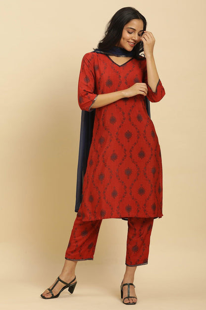 Red Sequined Printed Kurta, Pants And Dupatta Set - wforwoman