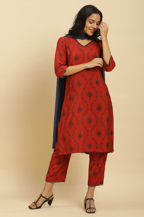 Red Sequined Printed Kurta, Pants And Dupatta Set