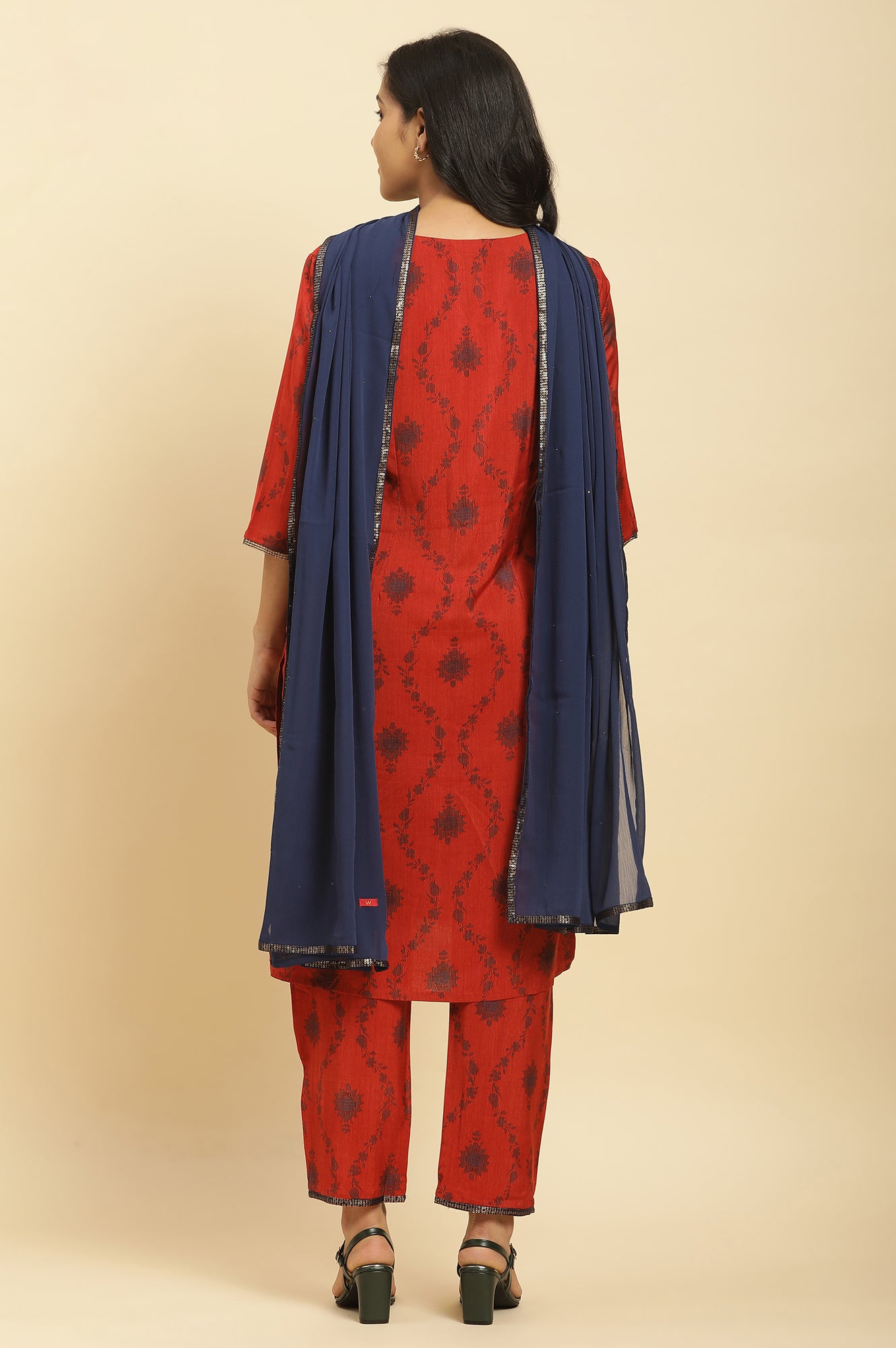 Red Sequined Printed Kurta, Pants And Dupatta Set - wforwoman