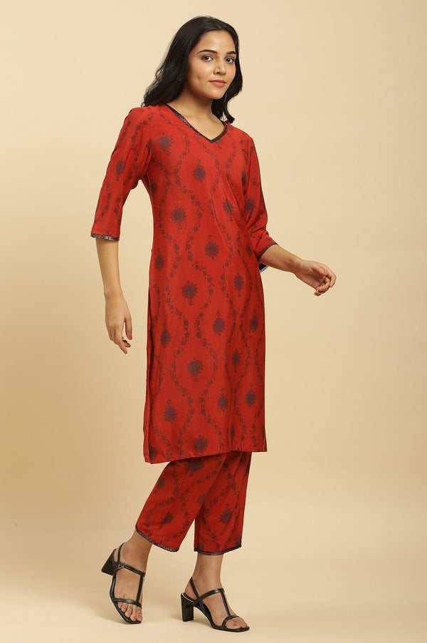 Red Sequined Printed Kurta, Pants And Dupatta Set
