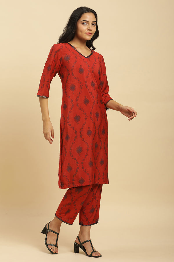Red Sequined Printed Kurta, Pants And Dupatta Set
