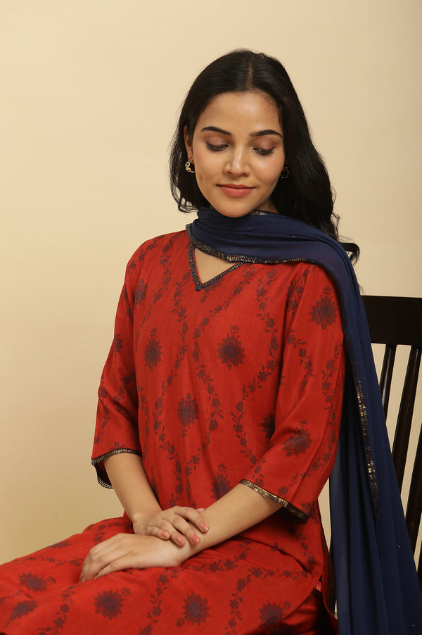 Red Sequined Printed Kurta, Pants And Dupatta Set
