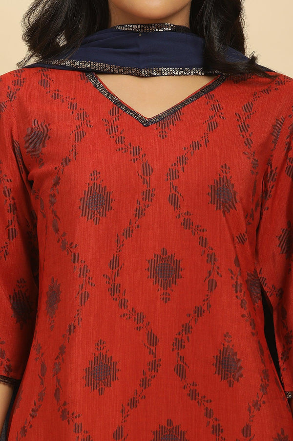 Red Sequined Printed Kurta, Pants And Dupatta Set