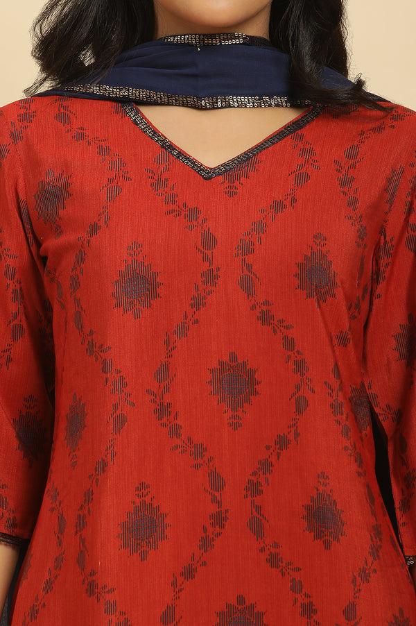 Red Sequined Printed Kurta, Pants And Dupatta Set