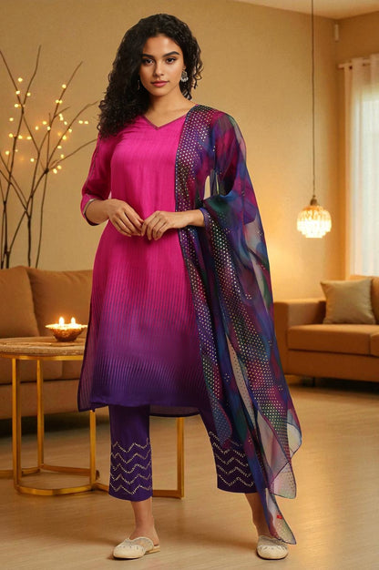 Magenta Pink Ombre A-Line Kurta, Pants And Dupatta Set