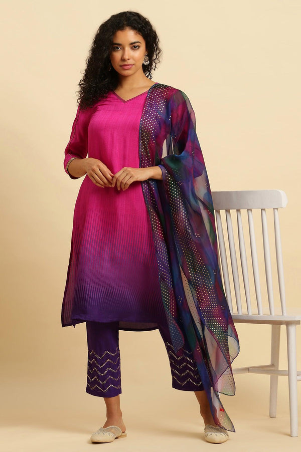 Magenta Pink Ombre A-Line Kurta, Pants And Dupatta Set