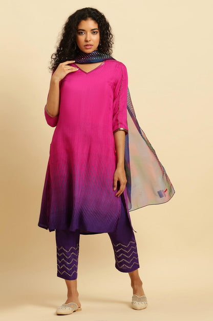 Magenta Pink Ombre A-Line Kurta, Pants And Dupatta Set - wforwoman