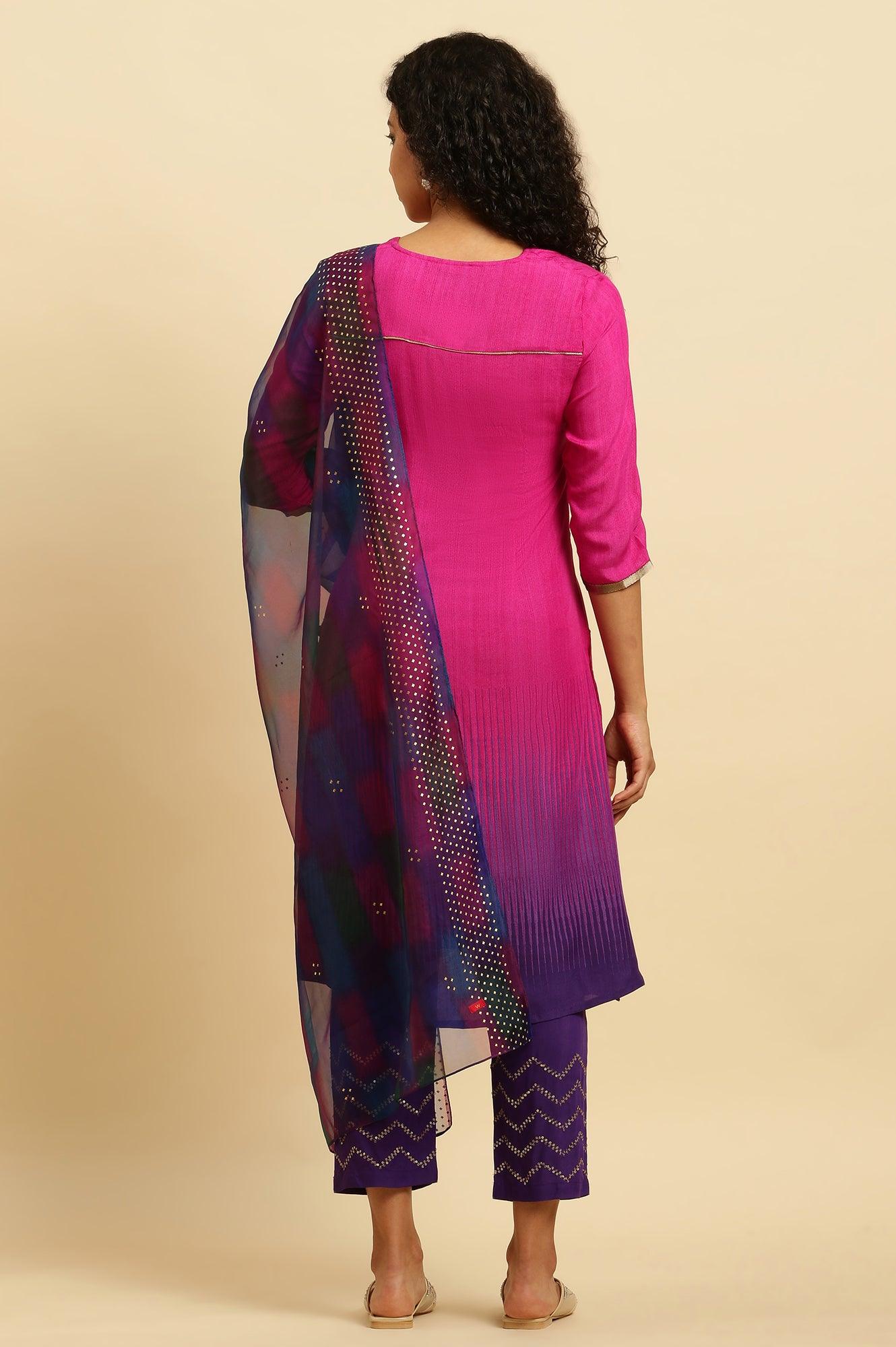 Magenta Pink Ombre A-Line Kurta, Pants And Dupatta Set - wforwoman