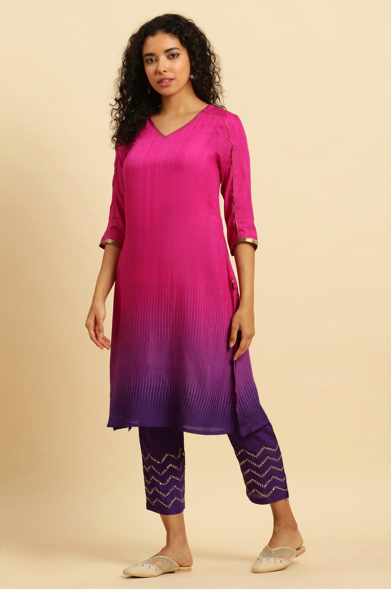 Magenta Pink Ombre A-Line Kurta, Pants And Dupatta Set - wforwoman