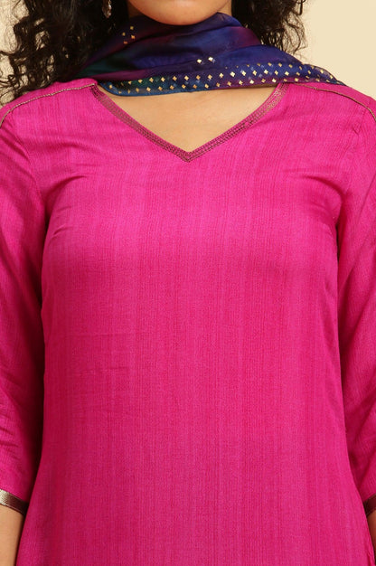Magenta Pink Ombre A-Line Kurta, Pants And Dupatta Set - wforwoman