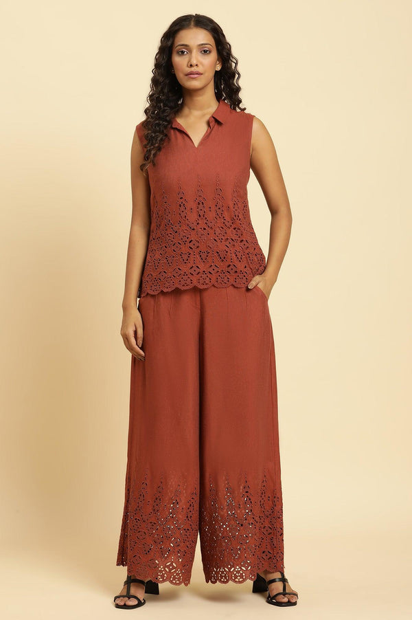 Dark Red Cotton Schiffli Top And Pants Co-Ord Set