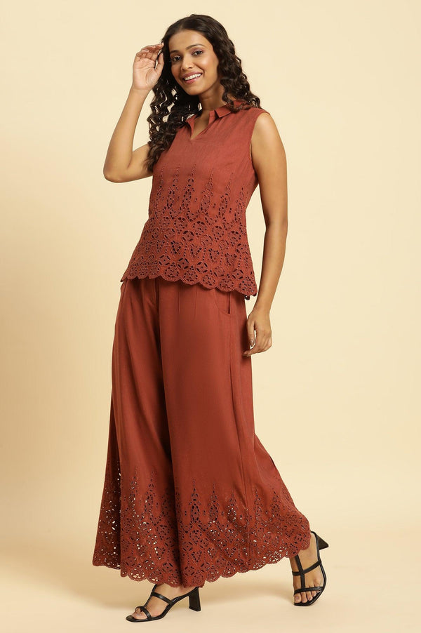 Dark Red Cotton Schiffli Top And Pants Co-Ord Set