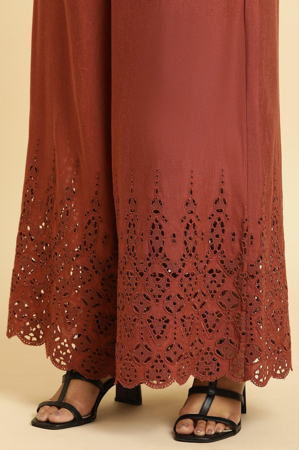 Dark Red Cotton Schiffli Top And Pants Co-Ord Set