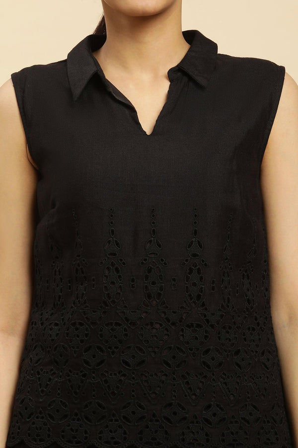 Black Cotton Schiffli Top And Pants Co-Ord Set