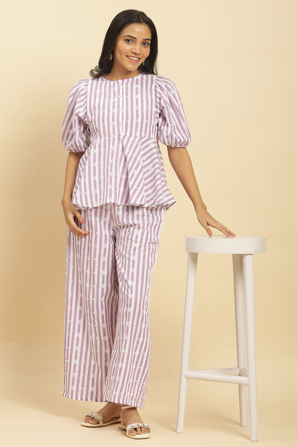 Purple And White Stripe Schiffli Peplum Top And Pants Co-ord Set