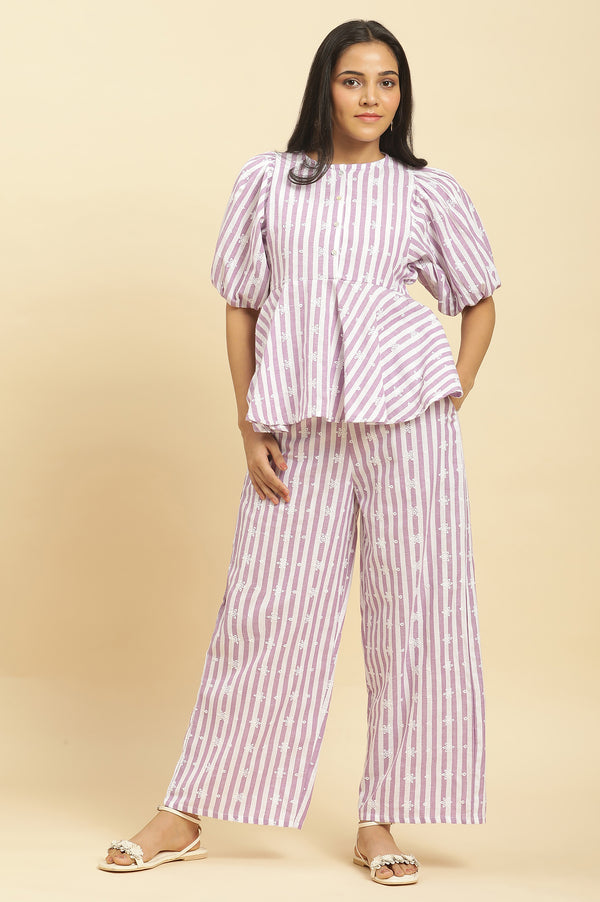 Purple And White Stripe Schiffli Peplum Top And Pants Co-ord Set