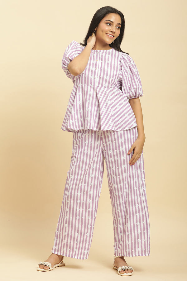 Purple And White Stripe Schiffli Peplum Top And Pants Co-ord Set