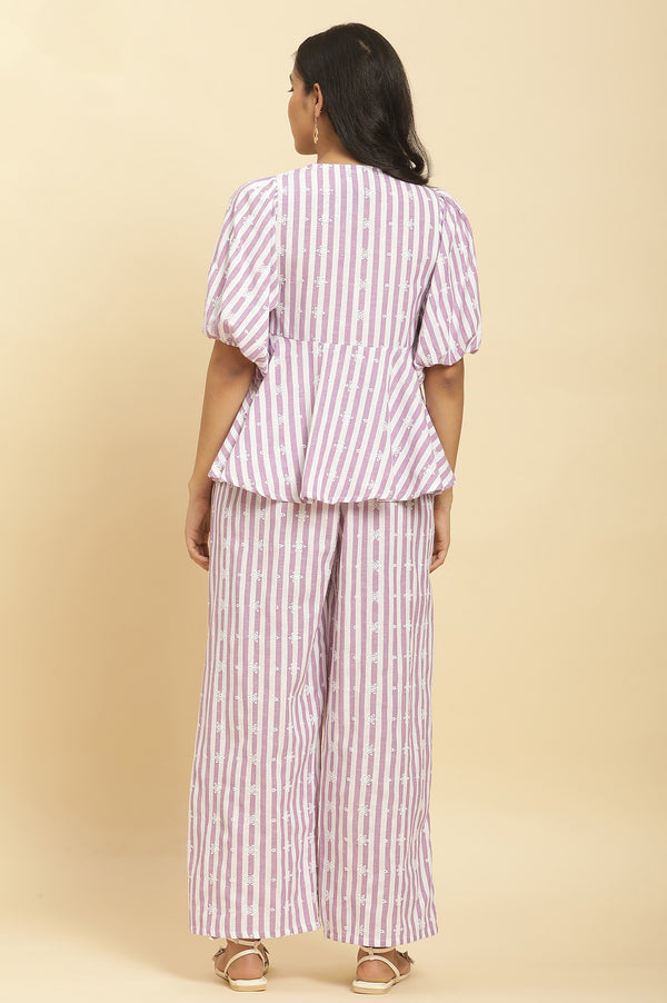 Purple And White Stripe Schiffli Peplum Top And Pants Co-ord Set