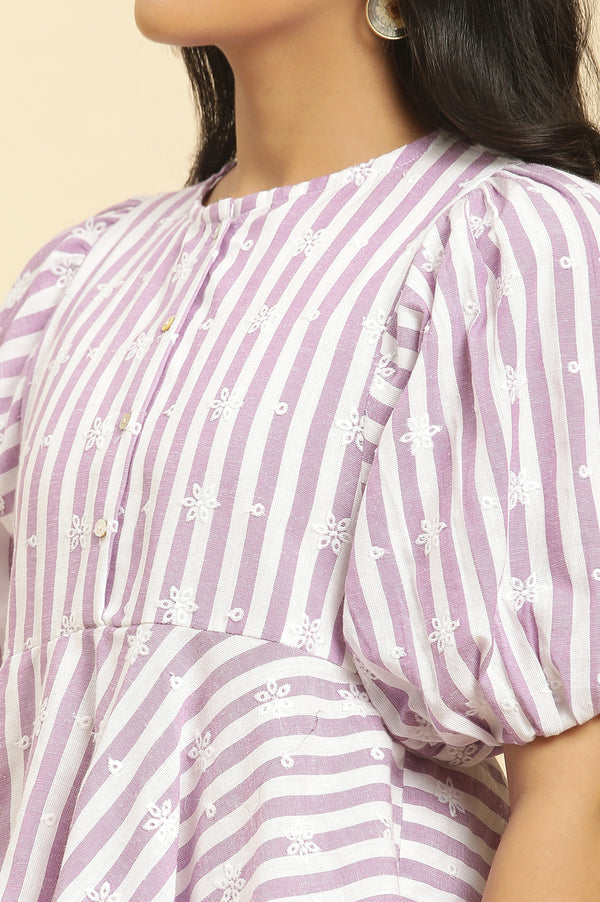 Purple And White Stripe Schiffli Peplum Top And Pants Co-ord Set