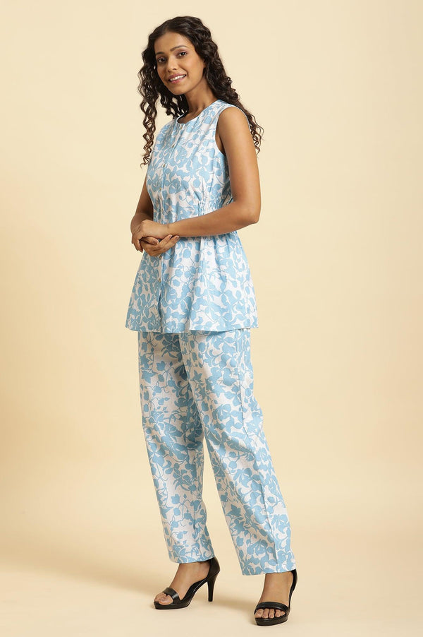 White And Blue Floral Printed Top And Pants Co-Ord Set
