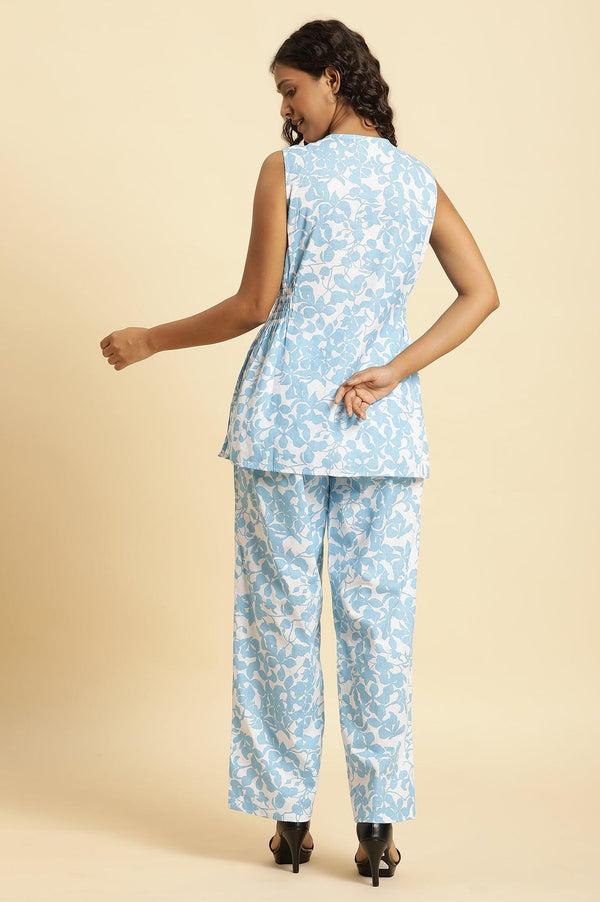 White And Blue Floral Printed Top And Pants Co-Ord Set