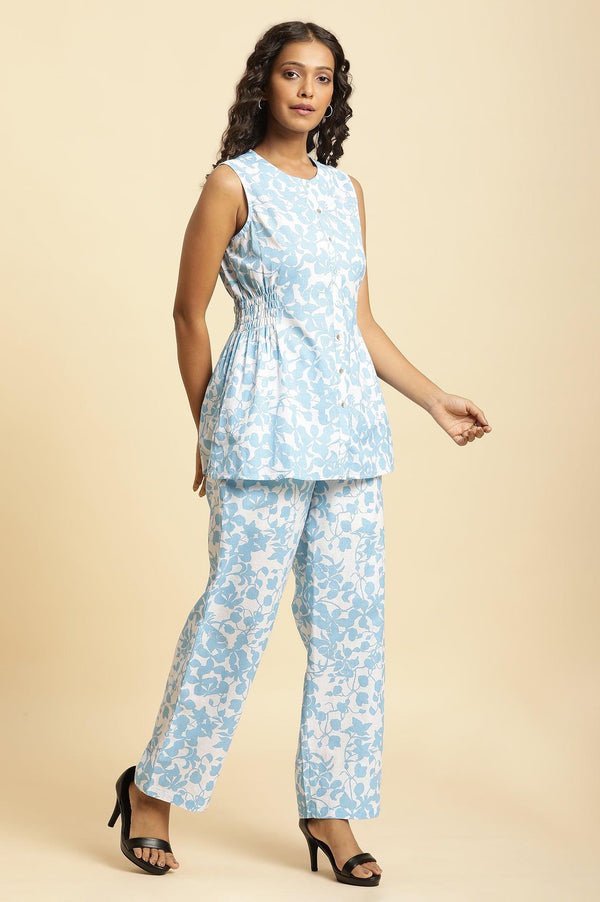 White And Blue Floral Printed Top And Pants Co-Ord Set