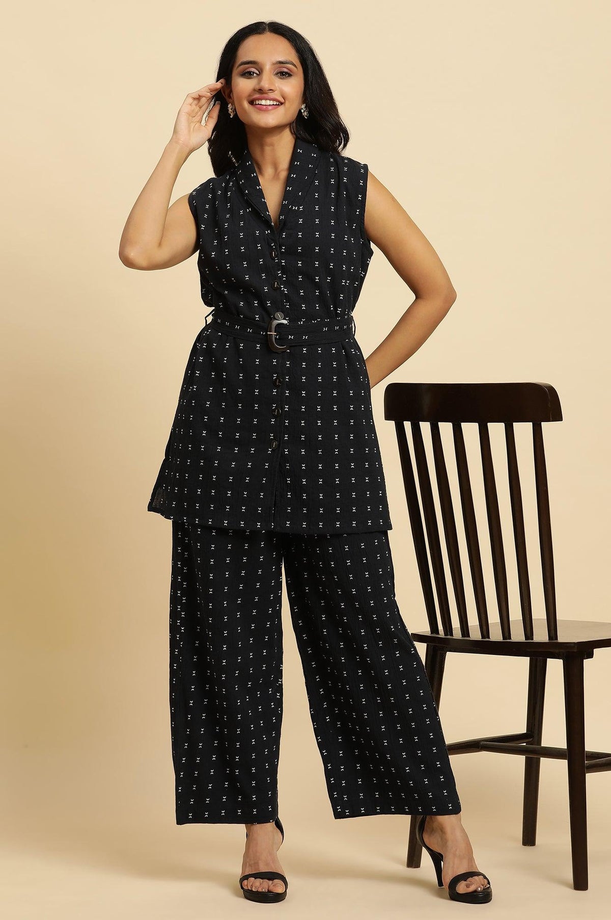 Navy Blue Sleeveless Cotton Dobby Kurta And Pant Co-Ord Set - XL