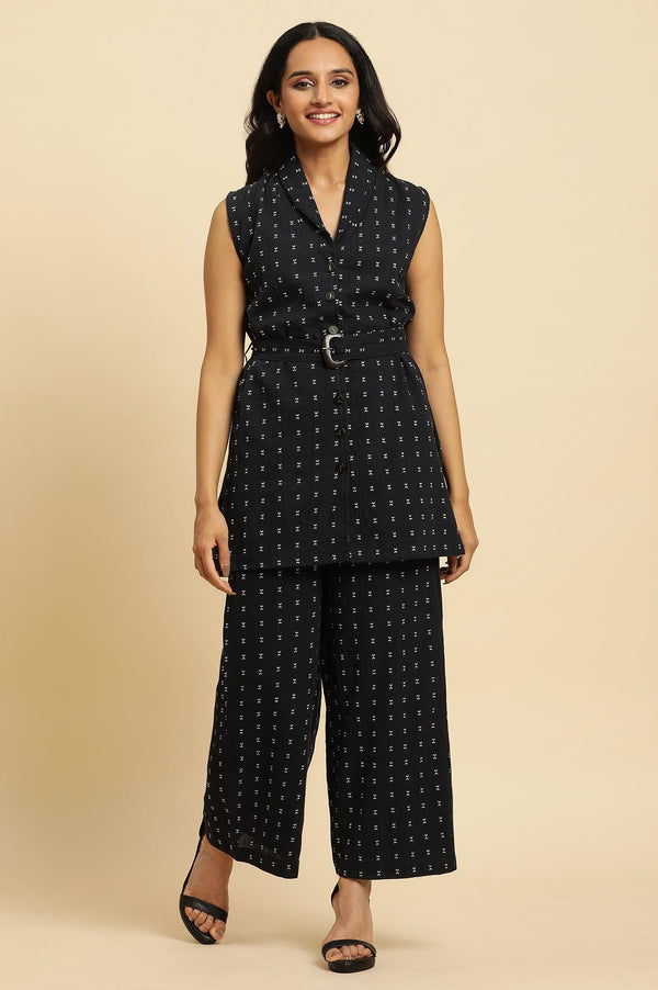 Navy Blue Sleeveless Cotton Dobby Kurta And Pant Co-Ord Set