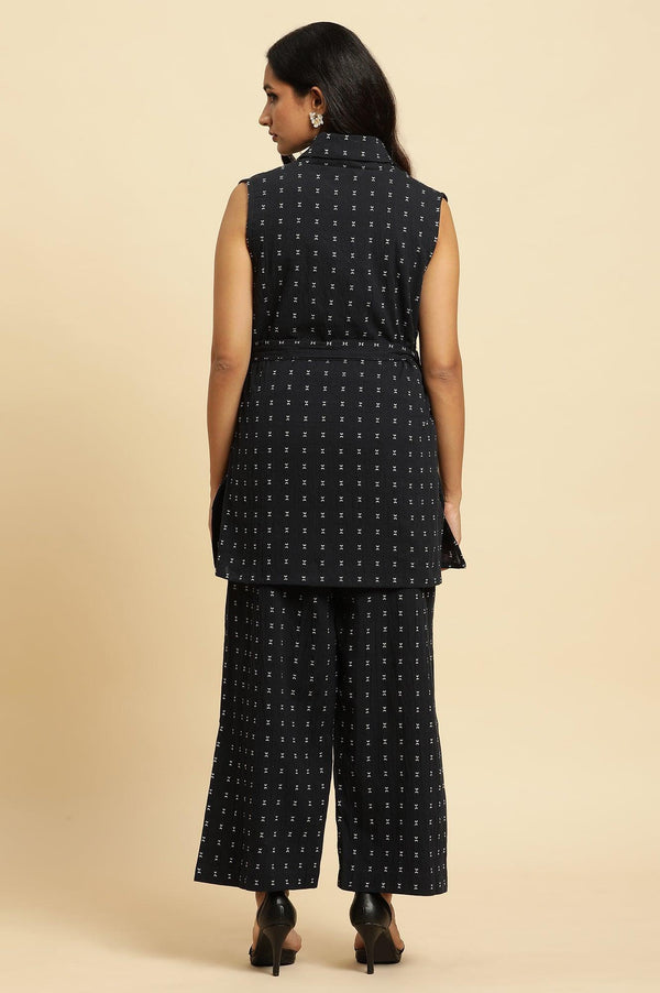 Navy Blue Sleeveless Cotton Dobby Kurta And Pant Co-Ord Set