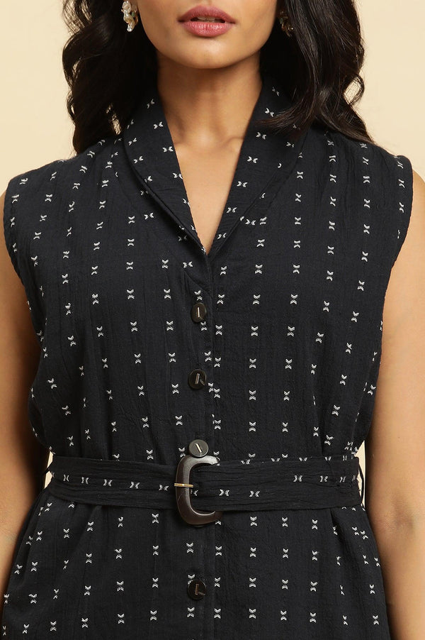 Navy Blue Sleeveless Cotton Dobby Kurta And Pant Co-Ord Set