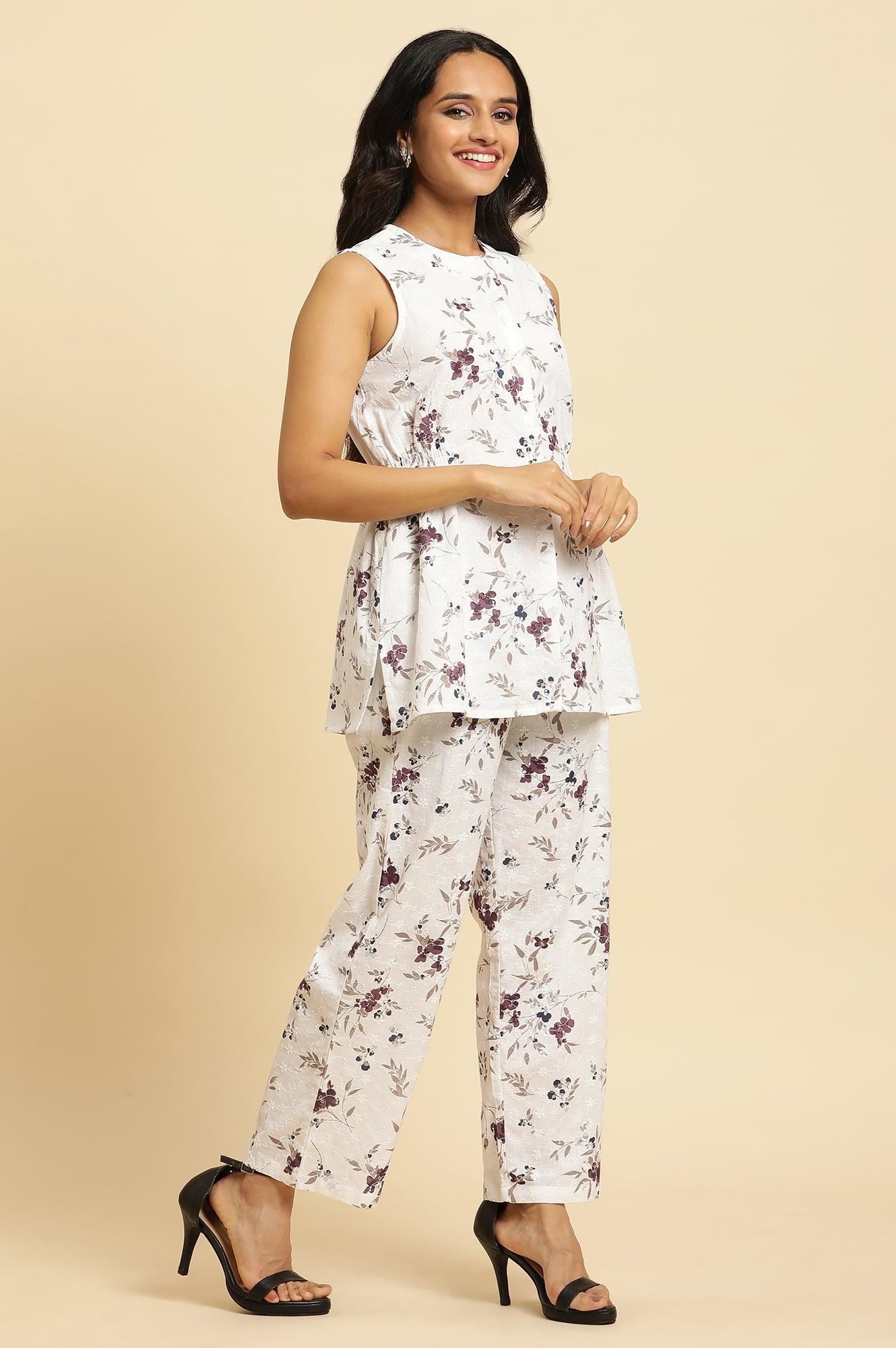 White Sleeveless Floral Printed Kurta And Pant Co-Ord Set - wforwoman