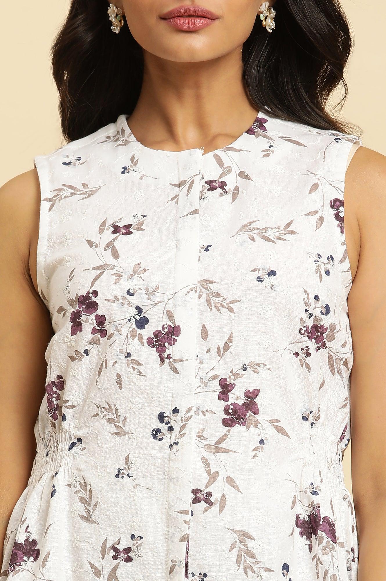 White Sleeveless Floral Printed Kurta And Pant Co-Ord Set - wforwoman