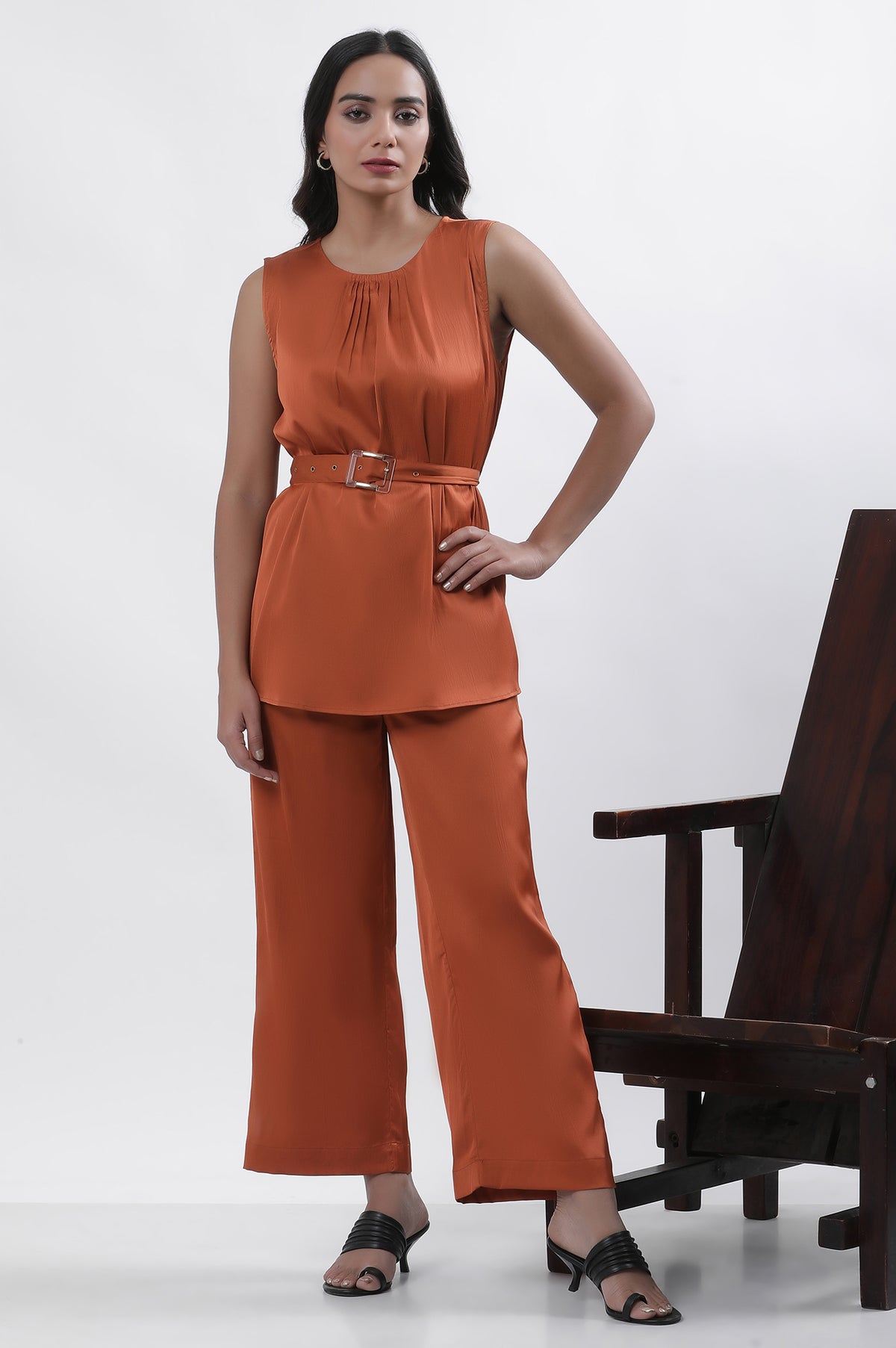 Orange Satin Sleeveless Top With Belt And Pants Set - S