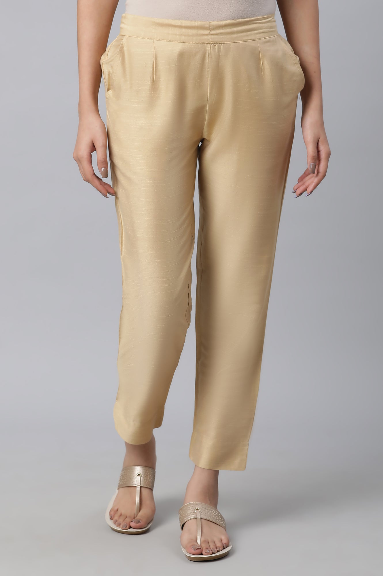 Gold Solid Straight Fit Trousers With Elasticated Waist