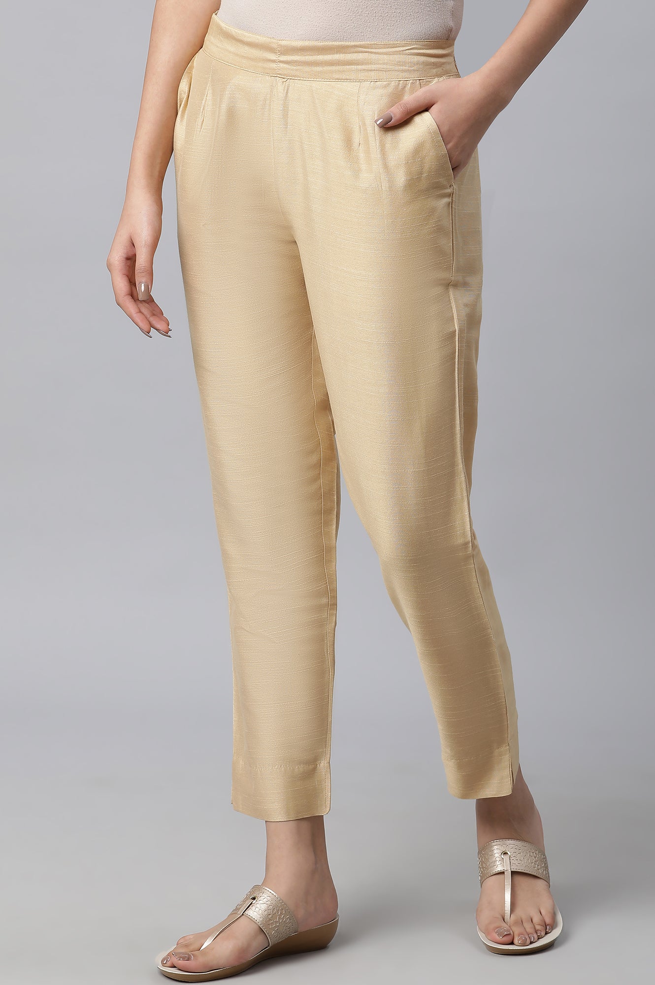 Gold Solid Straight Fit Trousers With Elasticated Waist
