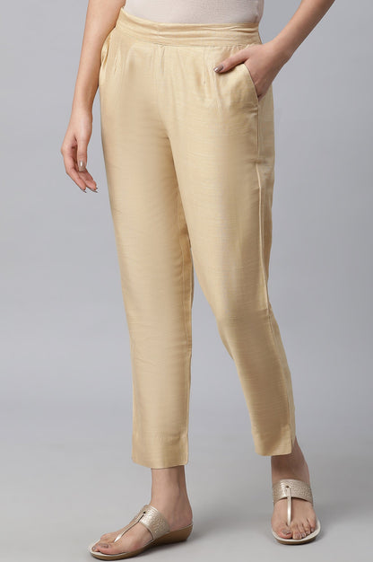 Gold Solid Straight Fit Trousers With Elasticated Waist