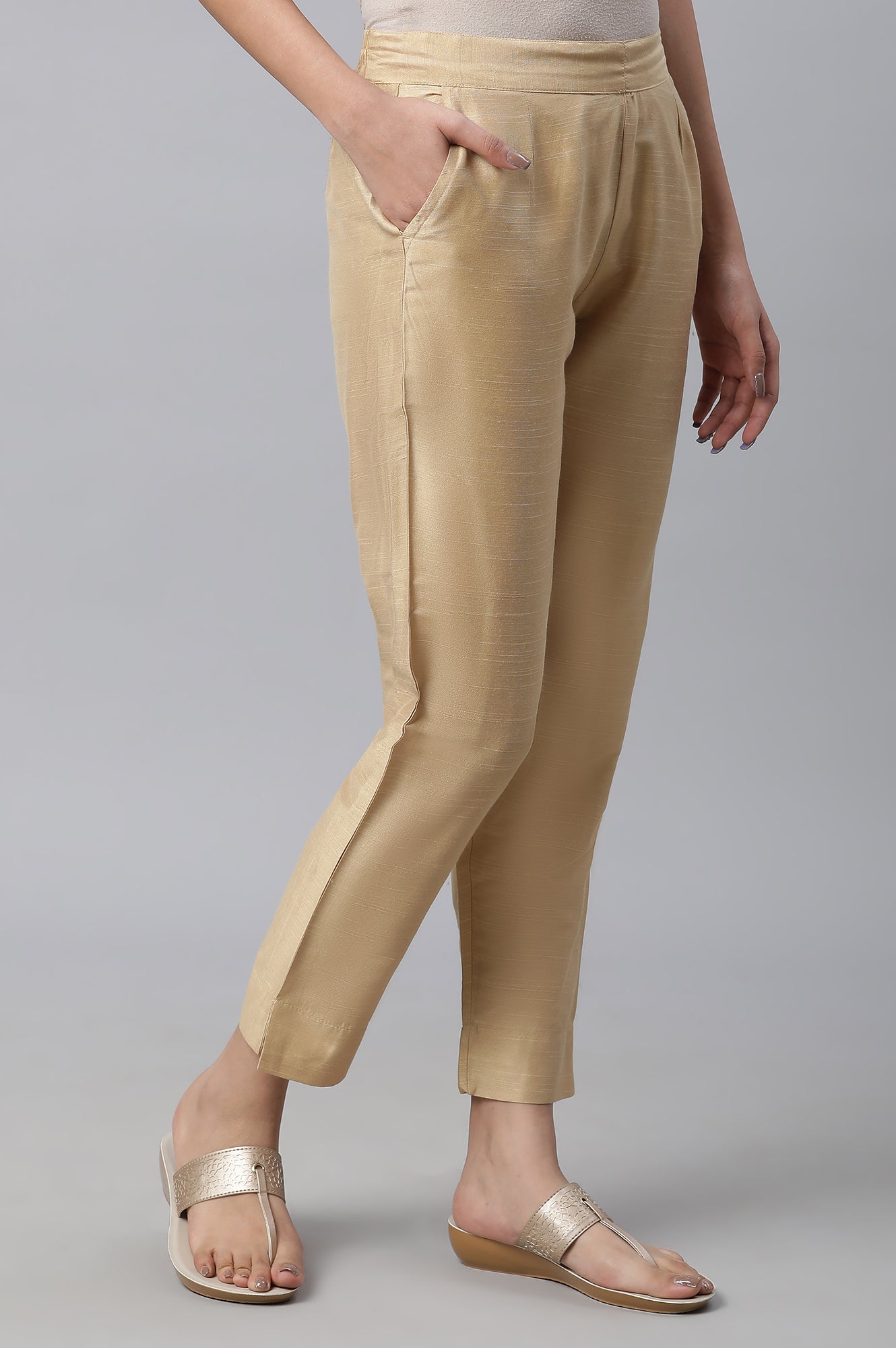 Gold Solid Straight Fit Trousers With Elasticated Waist