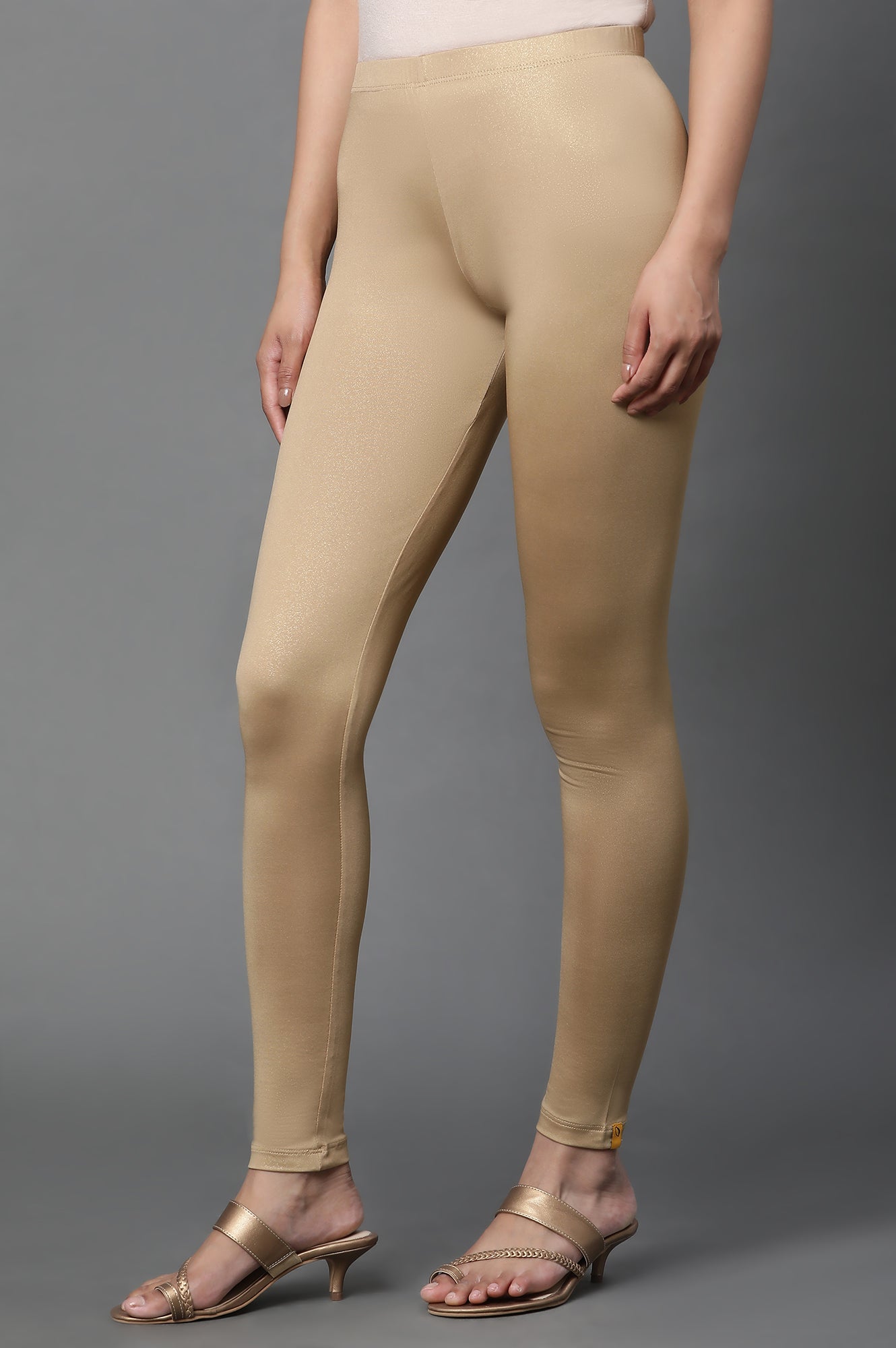 Gold Solid Skinny Fit Cotton Tights With Foil Print