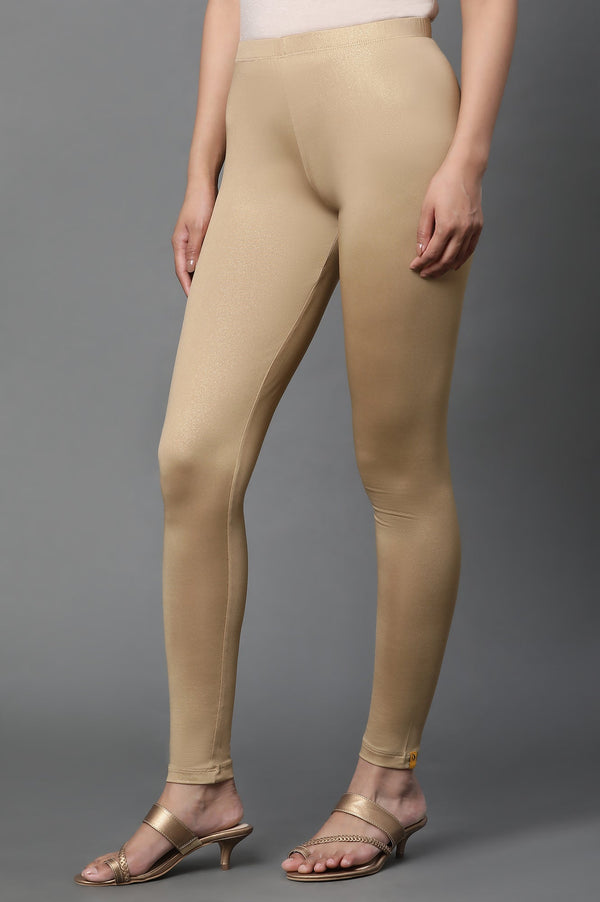 Gold Solid Skinny Fit Cotton Tights With Foil Print