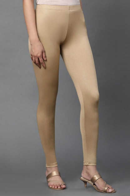 Gold Solid Skinny Fit Cotton Tights With Foil Print