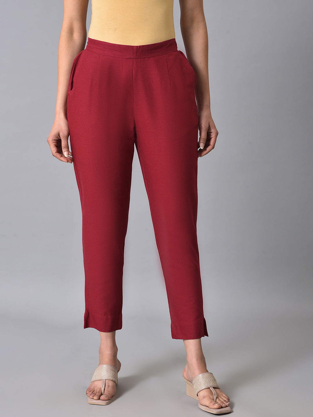 Elleven Women's Red Solid Straight Fit Cotton Trousers With Elasticated Back - XS
