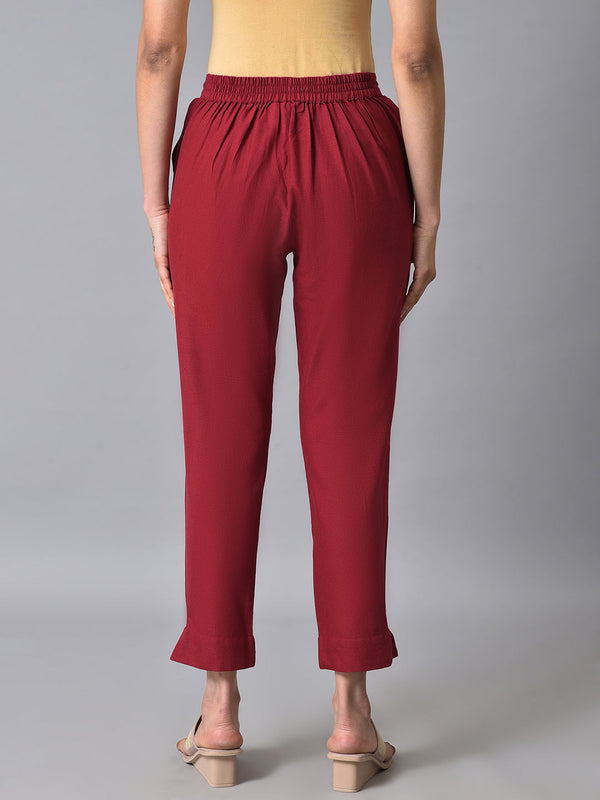Elleven Women's Red Solid Straight Fit Cotton Trousers With Elasticated Back