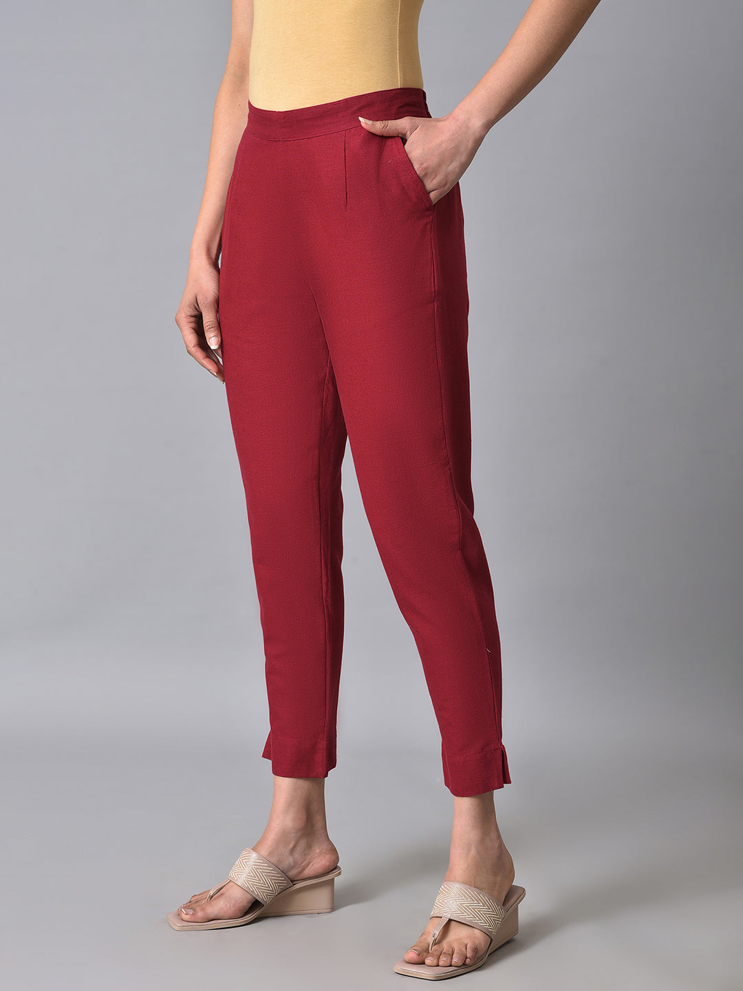 Red Solid Straight Fit Cotton Trousers With Elasticated Back