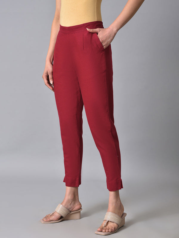 Elleven Women's Red Solid Straight Fit Cotton Trousers With Elasticated Back