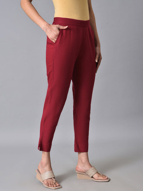 Elleven Women's Red Solid Straight Fit Cotton Trousers With Elasticated Back