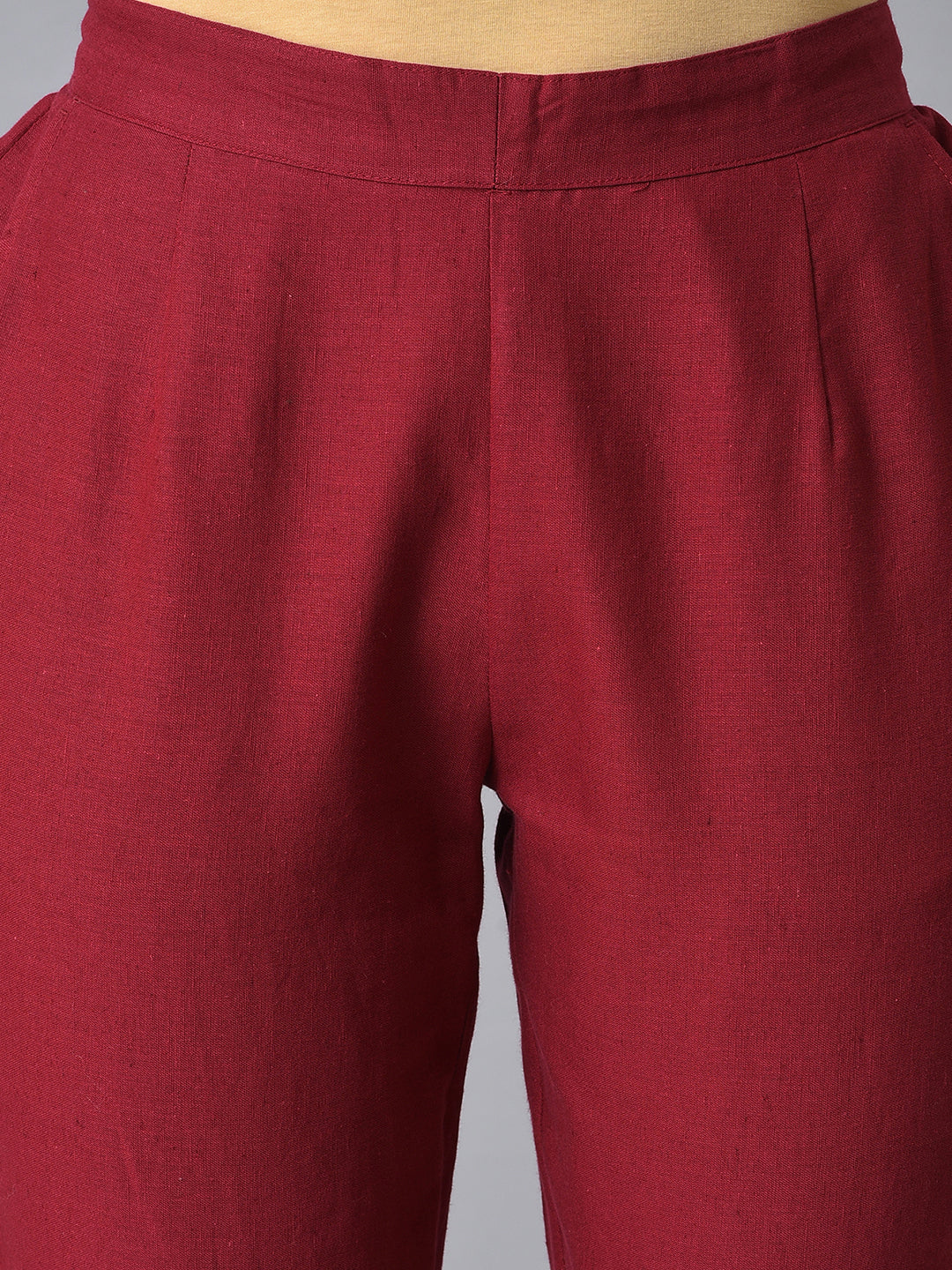 Red Solid Straight Fit Cotton Trousers With Elasticated Back