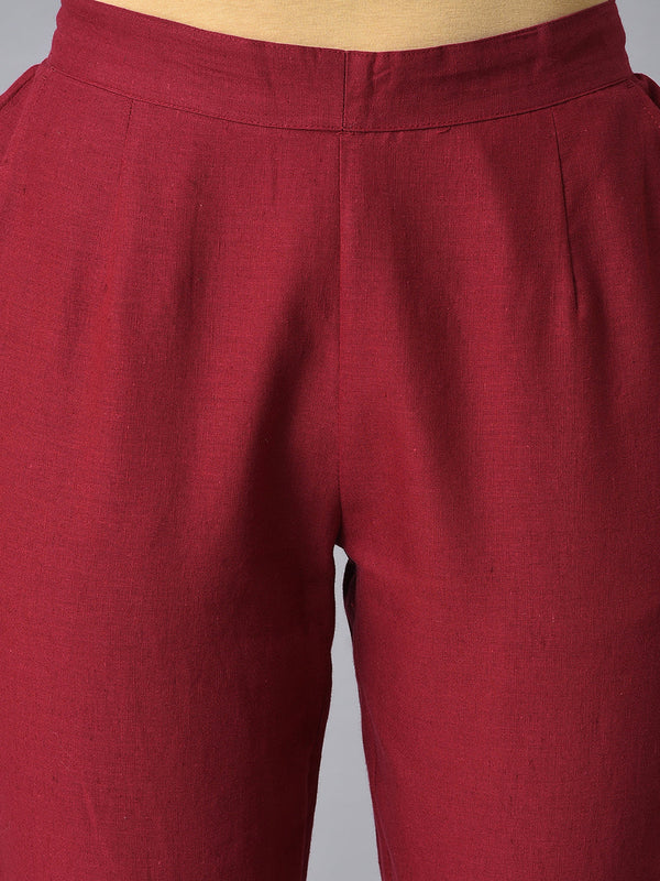 Elleven Women's Red Solid Straight Fit Cotton Trousers With Elasticated Back