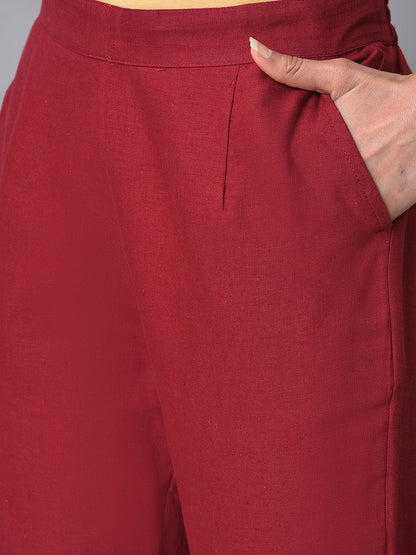 Red Solid Straight Fit Cotton Trousers With Elasticated Back