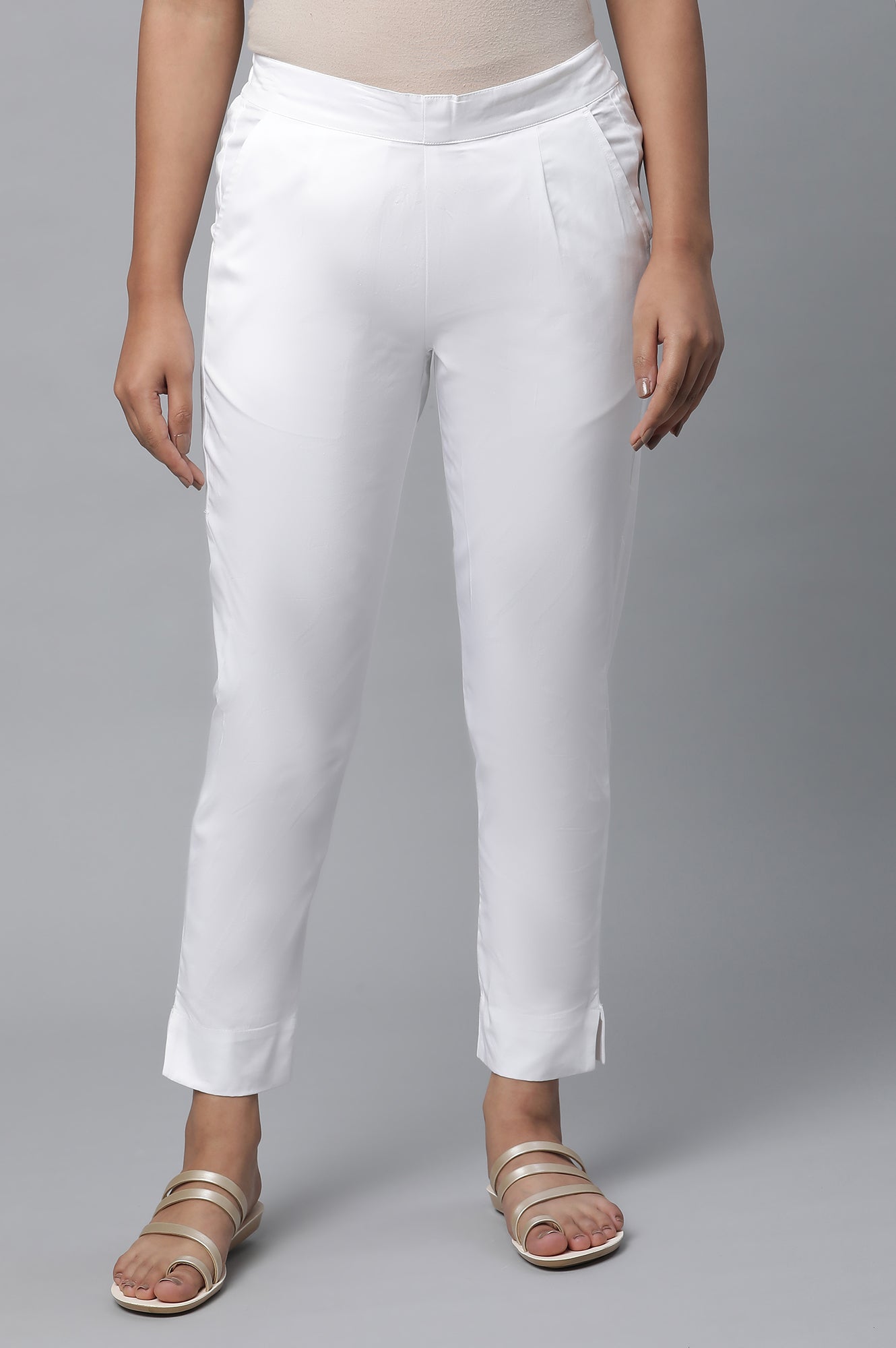 White Solid Straight Fit Cotton Pants With Elasticated Waist