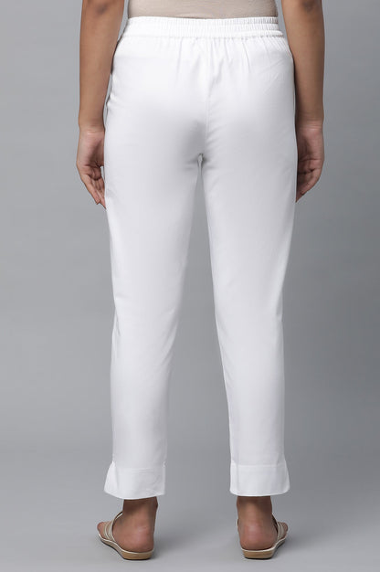 White Solid Straight Fit Cotton Pants With Elasticated Waist